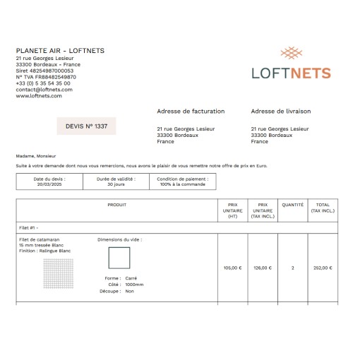 Kostenvoranschlag für Katamaran-Netz LOFTNETS