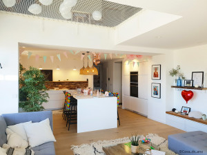  Large skylight on the living room with an interior net