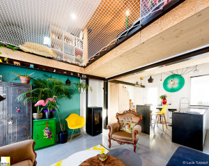 Giant catamaran net hammock in an architect's house